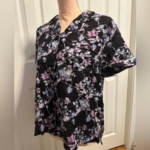 Black Floral Notch Collar Top